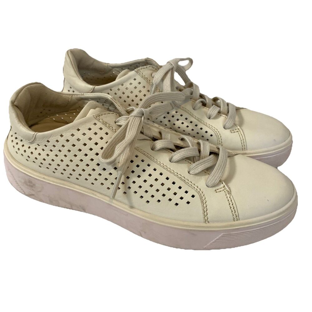 Ecco Womens 38 Sneakers Street Tray Shoes Cream Perforated Leather Lace